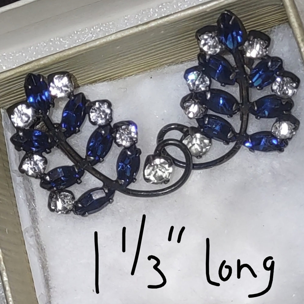 Vintage Blue & White Rhinestone Earrings Sterling Silver - Picture 3 of 16